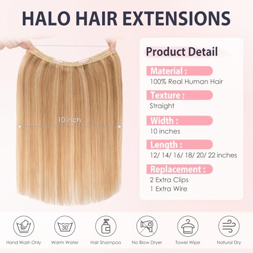 TESS Human Hair Extensions Halo Remy Hair 22 Inch Straight Adjustable Invisible Wire Easy to Use Clip in, Flax Yellow mixed Light gold