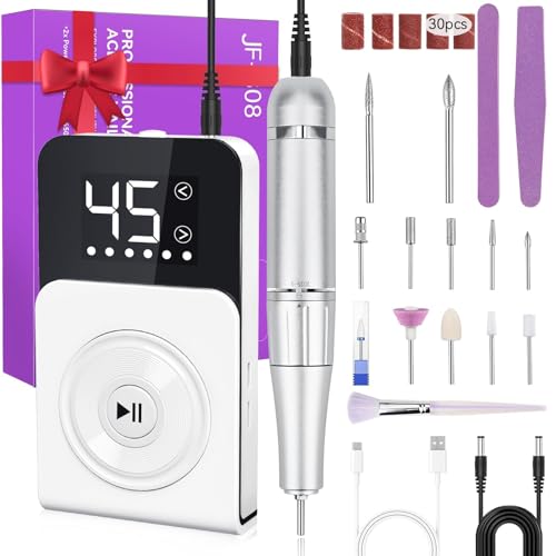 Cadrim Portable Electric Nail Drill Professional 45000 RPM, 2025 Upgrade-Speed Control Disc, Rechargeable Electric Nail File for Acrylic Gel Nails, Nail Drill Kit for Salon Home, White