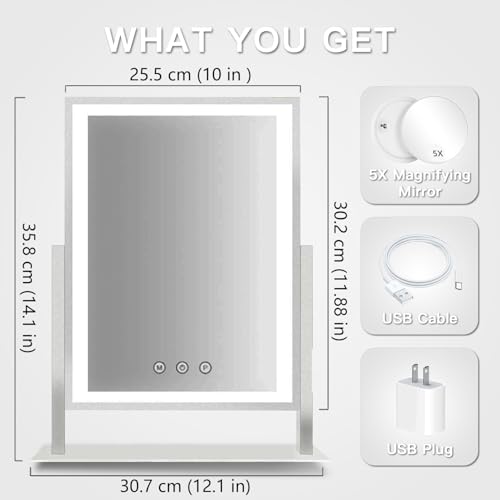 HIEEY Lighted Makeup Mirror, Hollywood Vanity Mirror with Lights, Three Color Lighting Modes, and 5X Magnification Mirror, Smart Touch Control, 360¡ÆRotation (14.1in,White,Gift Box)