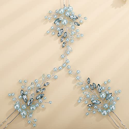 Teyglen Hair Pins Set, Women Dainty Pearl Crystal Hair Pins, Mint Green, Vintage Style, Rhinestone and Pearl Headpieces, Jewelry Accessories for Women and Girls, 3 Pieces