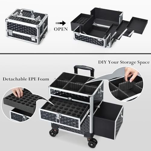 Joligrace Large Rolling Makeup Train Case with Foot-Brake Wheels, Removable Shoulder-Strap Makeup Carrying Case, Adjustable Compartments, Built-in Nail Polish Drawer, and Detachable Drawer