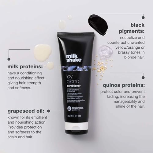 milk_shake icy blond conditioner | award winning toning conditioner with black pigment to neutralize yellow and brass in platinum blonde hair | hydrates and brightens cool tones
