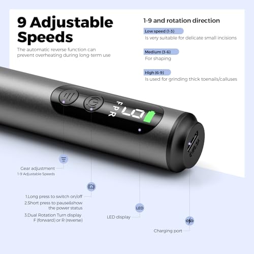 Cordless Electric Nail Drill Kit Professional Portable Electric Nail File Set Machine for Acrylic Gel Nails,Toenail Hand Feet Care,9 Speed with LED Display Ideal Gift for Men and Women-DeepGrey