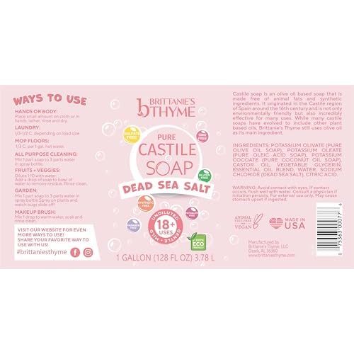 Brittanie's Pure Organic Castile Liquid Olive Oil Soap Refill, Dead Sea Salt, 1 Gallon | Face, Body Wash, Dishes, Pets & Laundry | Vegan & Gluten Free Non-GMO