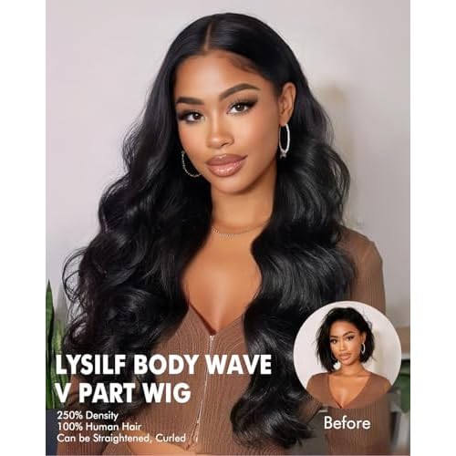 V Part Wigs Human Hair 250% Density Body Wave Upgrade U Part Human Hair Wigs with Drawstring No Leave Out No Sew Glueless Clip In Half Wig for Women (Natural Black, 22 Inch)