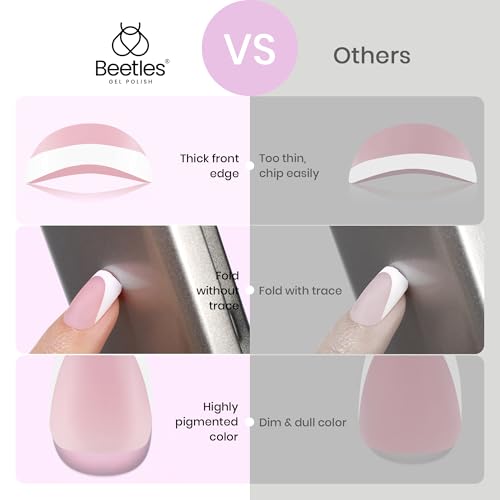 Beetles French Tips Press On Nails: 224 Pcs Pink French Tip Nails Short Almond Fake Nail Tips, Soft Gel Nail False Nails No Need to File DIY Art Design Gifts for Women