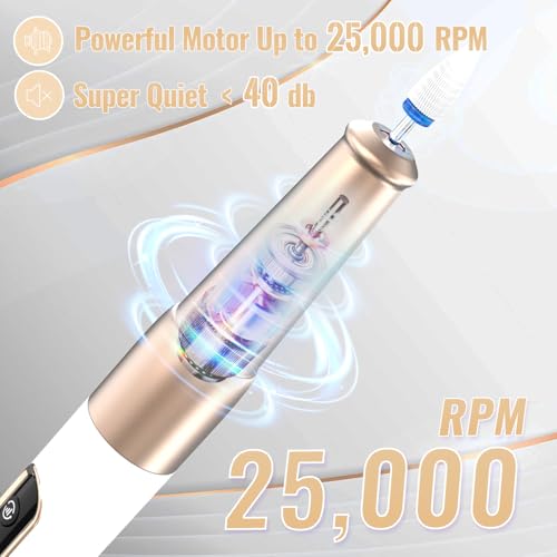 Nail Drill Cordless, Electric Nail File 12 in 1 with LED Display, Nail Drill Machine Professional Portable Rechargeable E File for Gel Acrylic Manicure Pedicure Set with 5 Speeds Golden