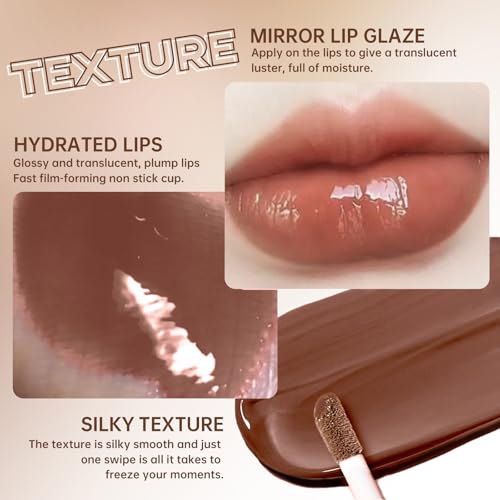 Nourishing Lip Gloss with Brown Lip Liner Lip Combo Set, Moisturizing High Shine Nude Lip Glow Oil Fresh Lightweight Glossy Plumping Lip Gloss for Women Long Wear Mini Liquid Lipstick Makeup#8