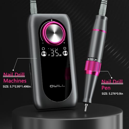 OWill Electric Nail Drill Professional, 35000RPM Rechargeable Machine With LED Display, Portable Electric File for Salon Home Kits, Pink