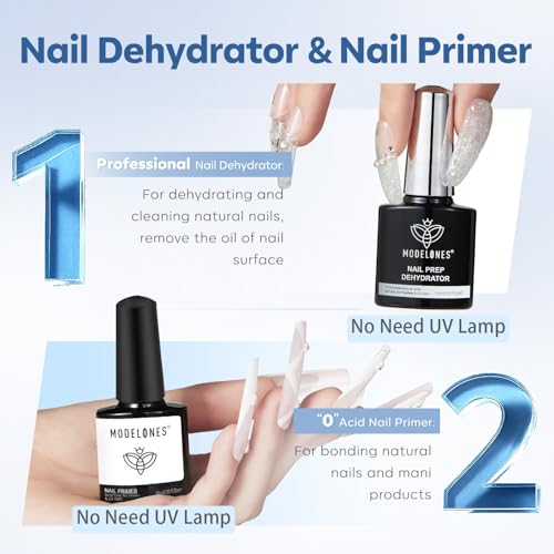 modelones Nail Dehydrator and Primer with Gel Base & Top Coat Set, Acid Free Acrylic Supplies Primer Glossy Gel Nail Polish Top Coat