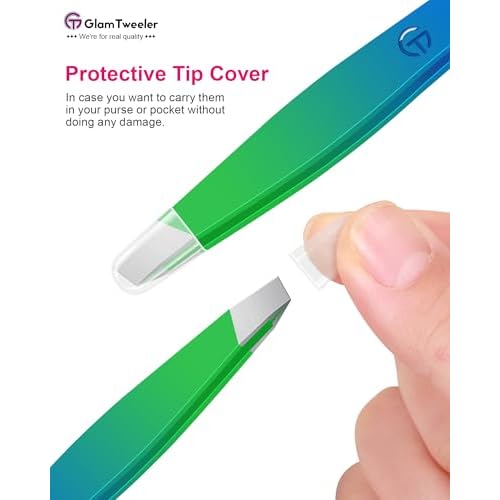 Exclusive G-01 Slant Tip Tweezers, GlamTweeler High Precison Expert Eyebrow and Facial Hair Removal Tweezer with Leather Storage & Carrying Case (Princess Blue & Green)