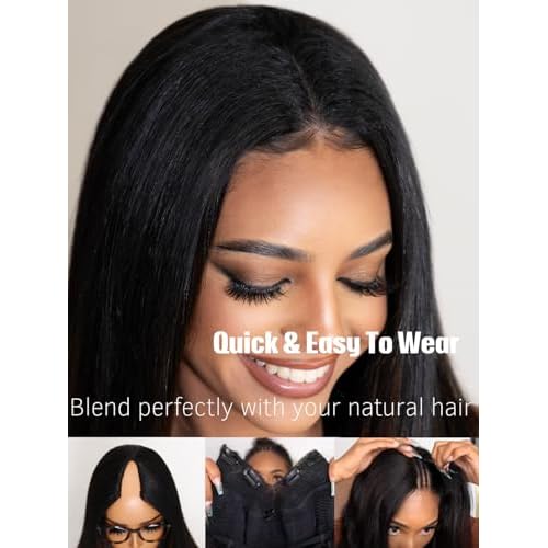 Julia Hair V Part Yaki Glueless Human Hair Wig Seamless Edge Clip in Half Wig Vpart Wigs No Sew in No Glue Ombre Chestnut Brown Upgrade U Part No Leave Out Beginner Friendly 22 Inch