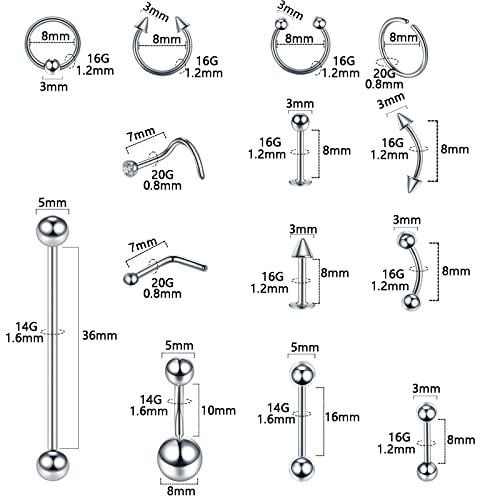 120PCS Body Piercing Kit Surgical Steel 14G 16G 20G BCR CBR Labret Lip Rings Cartilage Daith Earrings Nose Septum Nose Studs Belly Button Rings Piercing Jewelry Needles Gloves Clamps Tools