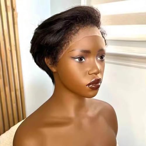 Short Bob Straight Wig with Bleached Knots 250% Density Pre Plucked Natural Color Brazilian Glueless Wig with 4C Kinky Edges Hairline 13x4 HD Invisible Lace Front Wigs with Curly Baby Hair 8 Inch