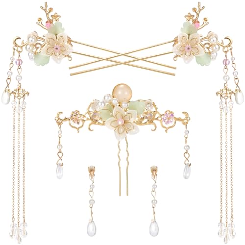 5PCS Orchid Flower Tassels Hairpin, Crystal Rhinestone Pearl Hair Clips Headpiece Retro Chinese Hanfu Floral Wedding Brides Hair Accessories Jewelry for Women Girls Updo Long Hair