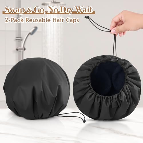 2 Pcs 15" XL Extra Large Terry Lined Shower Cap, Adjustable Dual Waterproof Shower Cap for Women Reusable Soft Hair Cap Bath Cap for Long Braids, Thick Hair, Locs, Curly Hair