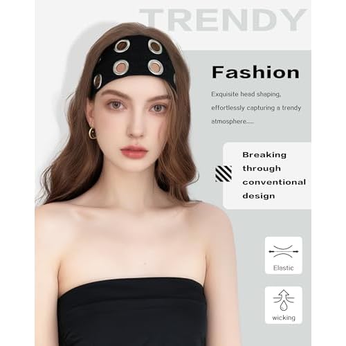 Grommet Headband for Women, Wide Black 20cm Hollow Out Elastic Hair Band, Eyelets Punk Grunge Stylish Hairband