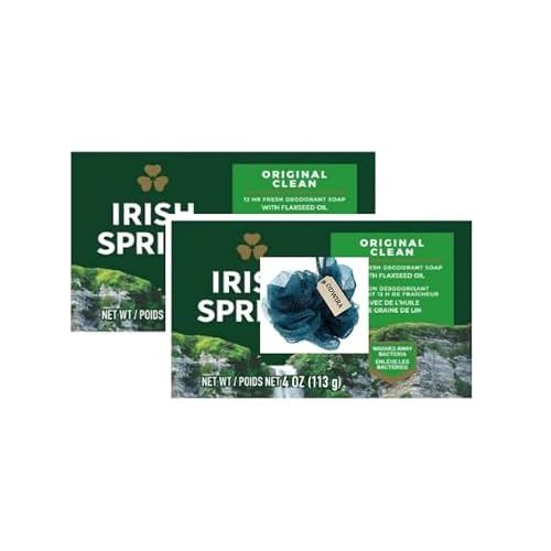 2-Pack Deodorant Irish Bar Soap, Mild for skin, 12 hours small fresh, Spring Soap for Washing Face,Body,Hand, 4oz each (total 8 oz) + 1 Shower Sponge for Irish Spring Bar soap.