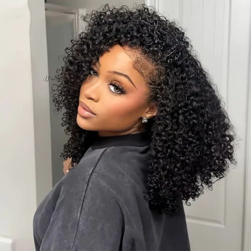 20 inch Curly Half Wig Human Hair for Black Women,Kinky Curly Half Wigs Human Hair,Seamless Flip Over All Hairstyles In One Headband Wig with Drawstring,Wear and Go Wigs for Black Women 200% Density