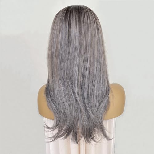 Ash Gray Brown Wig Highlight Dark Grey Color 13x4 Lace Front Wigs Layered Style Wavy Synthetic Fiber Hair 18Inch Pre Plucked for Women
