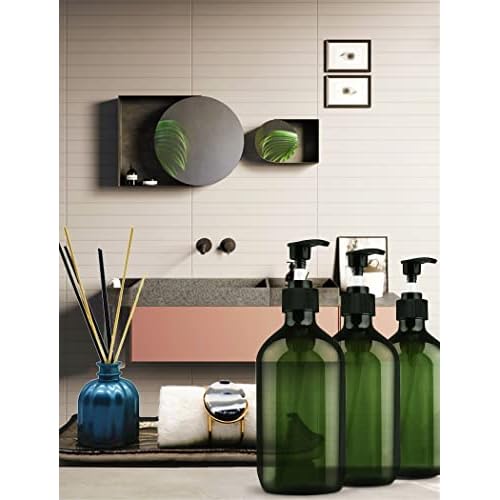 FOOCHY 6 Pack Empty Plastic Bottles with Pump Dispenser and 6pcs Labels Included, Refillable Travel Containers for Hand sanitizer Shampoo Lotion, etc - No BPA/Paraben, 500ml/16.9oz (Green)