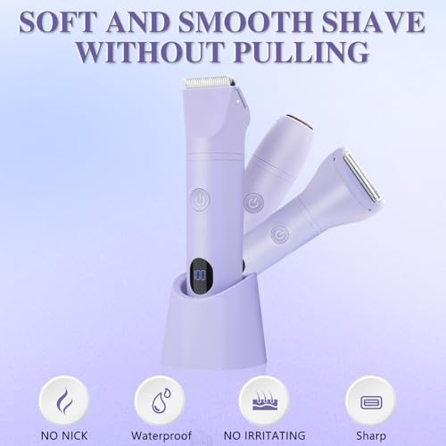 3-in-1 Bikini Trimmer for Women, IPX7 Waterproof Electric Shaver for Women-Rechargeable Electric Razors for Pubic, Facial & Body Hair Trimmer with LED Display, Travel Kit & Painless Blades (Purple)