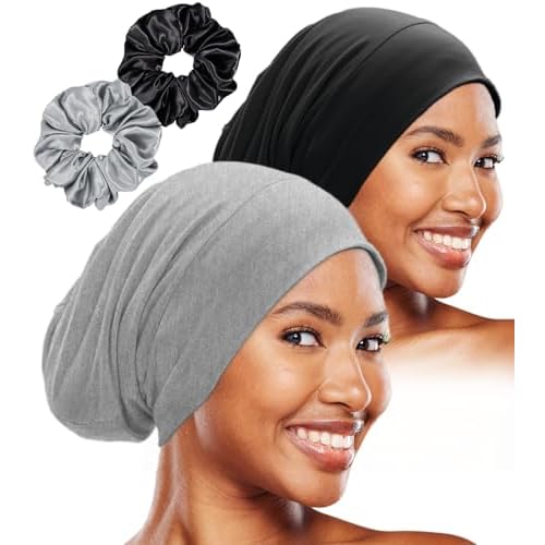 Sleep Cap Bonnet for Sleeping Black Women, Adjustable Cooling Ice Silk Lined Bonnet for Curly Braids Hair Cover Beanie Hat