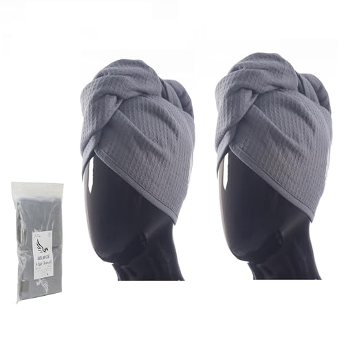 100% Turkish Cotton Hair Towel Wrap for Women,Non Microfiber,Super Absorbent,AntiFrizz,Plopping Hair Drying Waffle Bath Towels for Curly,Long&Thick Hairs,Head Wrap,2 Pack10x26inc (Grey+Grey)