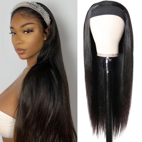 Headband Wig Human Hair Straight Headband Wigs Brazilian Virgin Hair 150% Density None Lace Front Wigs Human Hair Glueless Headband Half Wig for Women Natural Color 28 Inch