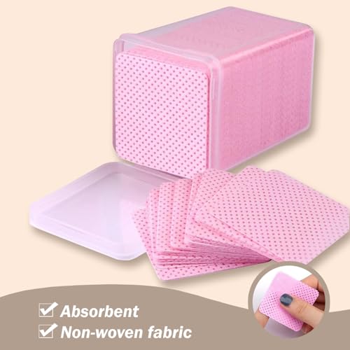 KINGMAS 600Pcs Lint Free Nail Wipes, Non-Woven Fabric Nail Polish Remover Cleaning Pads Lash Extensions Glue Cleaning Wipes Salon Supplies (Pink, Blue, Purple)