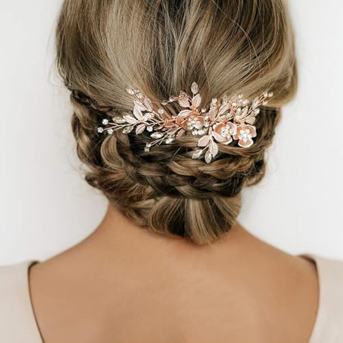 Bridal Hair Accessories Bright Rose Gold Wedding Hair Duckbill Clip for Brides, Handmade Rhinestone Hair Vine Wedding Head Pieces for Women and Bridesmaids Flower Girls