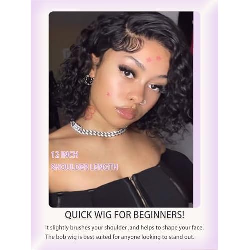 Short Curly Wigs for Black Women Wear and Go Side Part Deep Wave Bob Wig Human Hair Glueless Wigs Human Hair Pre Plucked Pre Cut Wet and Wavy Natural Black Lace Front Wig 12 Inch Daily Hairstyle