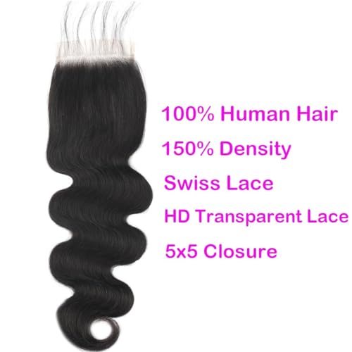 5x5 Transparent HD Lace Closure Body Wave Human Hair Closure Invisible 12A Brazilian Virgin Human Hair Free Part 5x5 100% Real Human Hair Pre Plucked Closure Natural Black 16 Inch