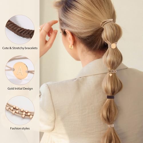 6 PCS Hair Bracelets for Women, Letter Boho Hair Ties for Thick & Thin Hair, Gold Initial Bracelet Sets, Dual-Use Stretch Bracelets, Braided Hair Ties for Ponytail Holders(A)