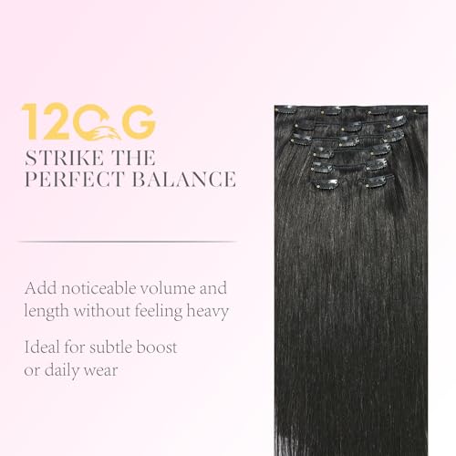 FoxFace Clip in Hair Extensions Real Human Hair, Thick Extensions from Root to Tip, Natural Hair Clip Ins, Jet Black, 22 Inch 120g 7Pcs