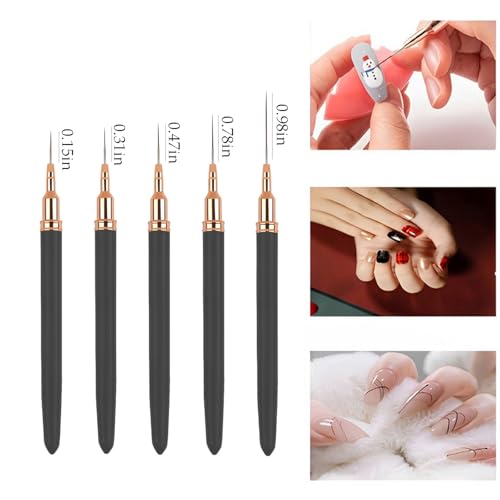5Pcs Metallic Nail Art Liner Brush Set, UV Gel Polish Painting Tools for Long Lines, Thin Details, Fine Drawing, Sizes 4/8/12/20/25mm (Black)