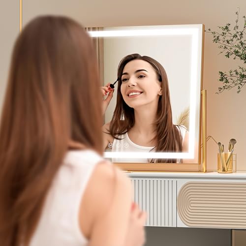Vanity Mirror with Lights, 26'' x 22'' Lighted Makeup Mirror, Touch Screen with 3-Color Lighting, Dimmable for Vanity Desk Tabletop Square Gold