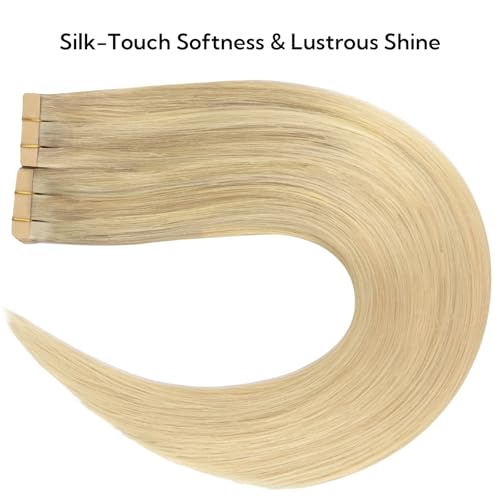HOTBANANA Tape in Hair Extensions - 22 Inch 40pcs 100g Ombre Ash Blonde to Golden and Platinum Blonde Human Hair - Straight Remy Tape Extensions
