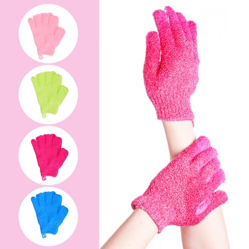 4 Pairs Bath Exfoliating Gloves Scrub, Double Sided Bath Mitts Scrubs for Shower, Exfoliating Shower Mitt Body Scrubber Glove, Bathing Accessories for Bath, Spa (Rose, Glass Green, Pink, Blue)