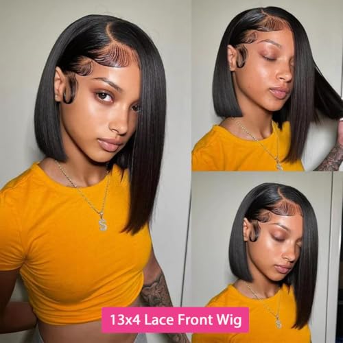 Bob Wigs Human Hair 13x4 HD Lace Front Bob Wig Human Hair Short Straight Frontal Glueless Bob Wigs for Black Women Human Hair Pre Plucked with Baby Hair Side Part 180% Density 12 Inch D