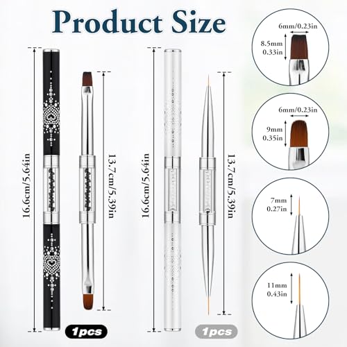 2pcs Hard Gel Nail Brush, French Manicure Brush French Tip Nail Gel Liner Brush, Builder Gel Brushes for Design Nails Dual-Ended Nail Design Brushes Rhinestone Handle Nail Brush Professional Nail Art