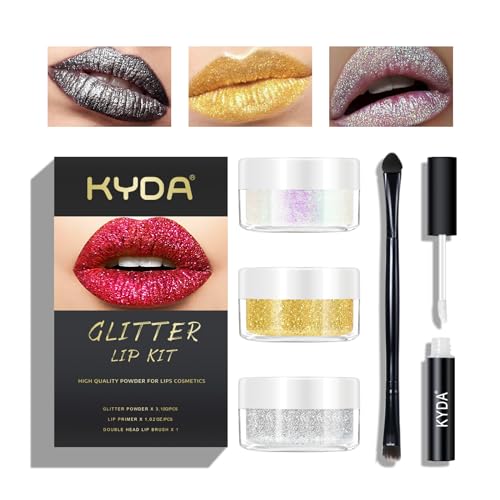 KYDA 3 Colors Glitter Lip Kit, Diamond Metllic High Pigmented Powder for Lips Cosmetics, Glitter Lips Makeup,with Lip Primer and Brush, Long Wear-Set D