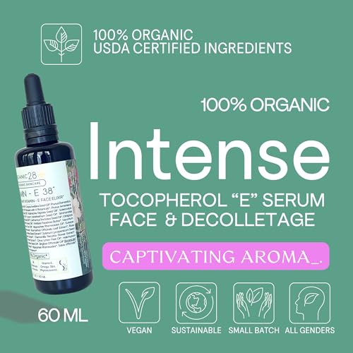 Organic28. 100% Organic Vitamin E Oil For Face & D?colletage. 38 Botanicals ? USA Made. 2 X Size. Vitamin E Oil For Skin Rejuvenating & Moisture Retention. Organic E Serum. Face Moisturizer. 2 Fl. Oz