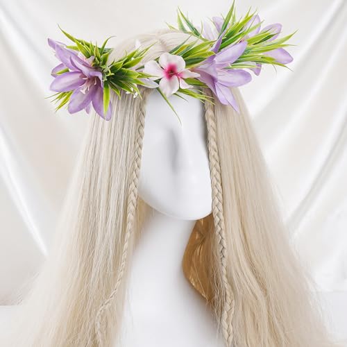 Hawaiian Leis Flower Headband - Hawaii Floral Headpiece Tropical Luau Flower Crown with Ribbon Lei Luau Dress Up Accessory Summer Beach Wedding Party Festival Photos (Purple, Pink)