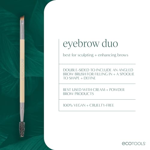 EcoTools Eyebrow Brush Duo, Tame, Sculpt & Fill in Brows, Multipurpose For Eyebrow Gel, Powder, & Cream, Dual-Ended Spoolie & Angled Brow Brush, Eco Friendly, Cruelty-Free, & Vegan, 1 Count
