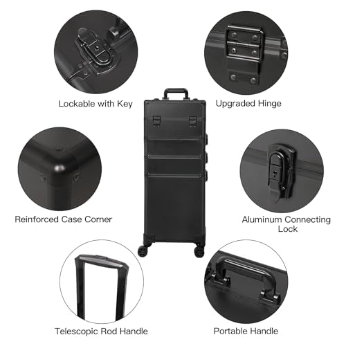 Professional Rolling Makeup Case, Cosmetology Case on Wheels 4 in 1 Large Cosmetic Train Case, Ideal Gift for Hairstylist, Nail Techs, Portable Beauty Organizer for Travel or Salon Use,Black