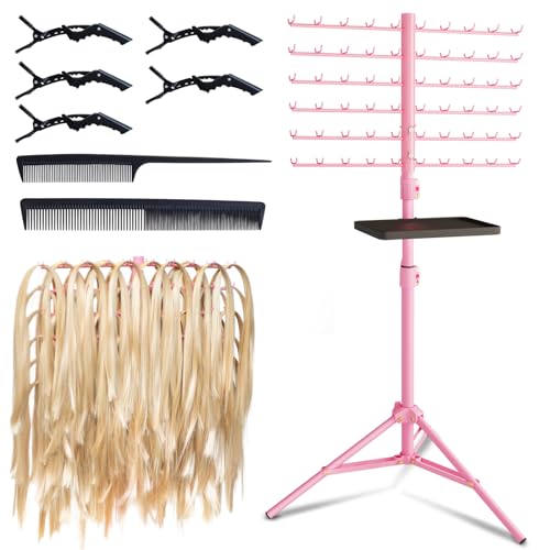 [Metal] 120-Peg Braiding Hair Rack Standing, with Tray Hair Extension Holder Hanger, Hair Divider Rack for Braiding Hair Separator Stand, Hair Braiding Rack Display Stand Hairstylist Braiders, Pink
