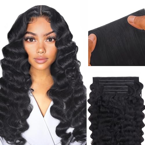 IDN BEAUTY Genius Weft Deep Wave Clip In Hair Extensions Human Hair For Black Girl Women, Virgin Hair Longer Lifespan, Invisible Seamless PU Weft Clip Ins, 18 Inch 110g 7Pcs Natural Black