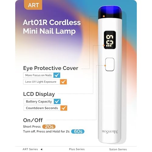 Melodysusie Handheld UV Light for Gel Nails, ART01R Cordless Gel X Nail Lamp Rechargeable with LCD Display, Eye-Protective Cover Flash Cure Nail Dryer for Rhinestone Glue Decoration DIY at Home White