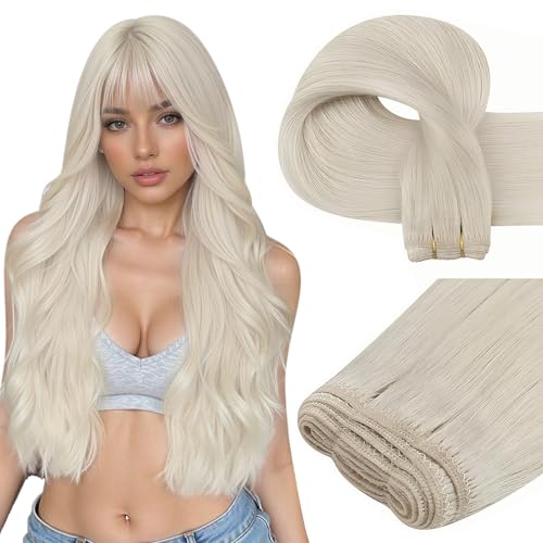 Easyouth 24In Sew in Hair Extensions Real Human Hair Blonde Weft Hair Extensions White Blonde Human Hair Extension Sew in White Hair Weft Extension Add Length and Volume 100G